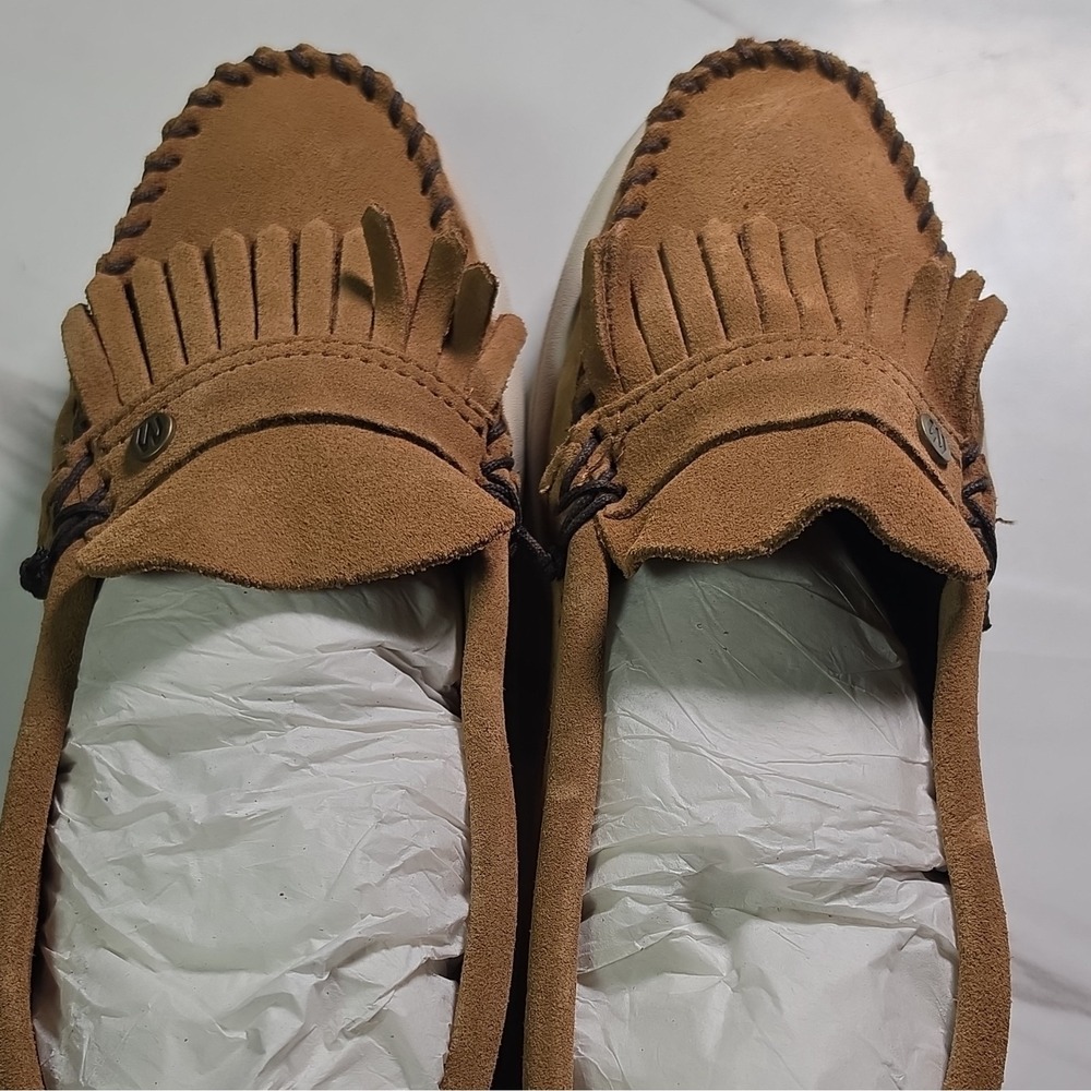 Minnetonka Women's Brown Suede Slip-On Moccasin Flats Fringe Bow Comfort 9.5